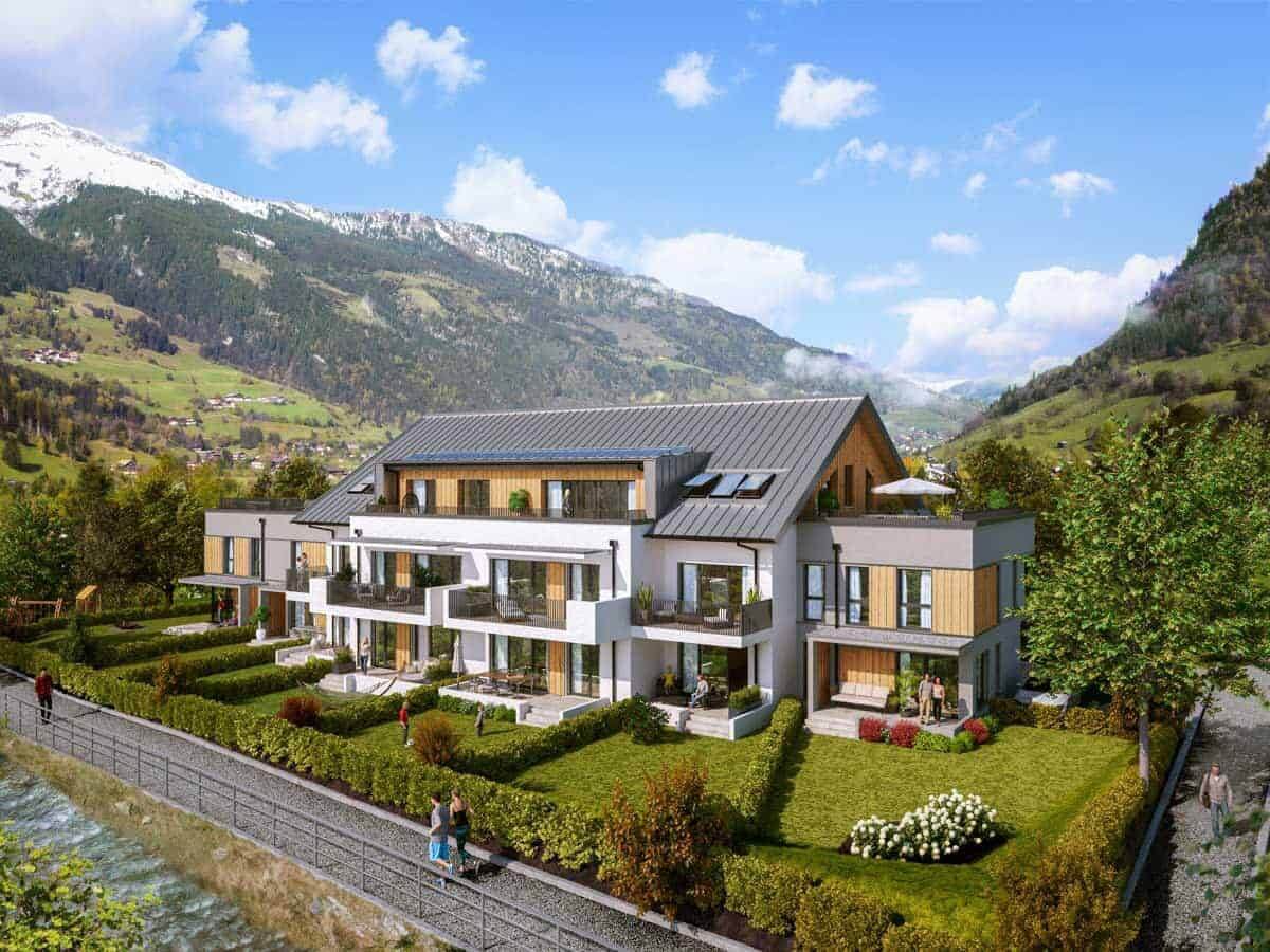 Moderne Eigentumswohnungen in Bad Hofgastein, umgeben von Natur und idyllischer Landschaft.
